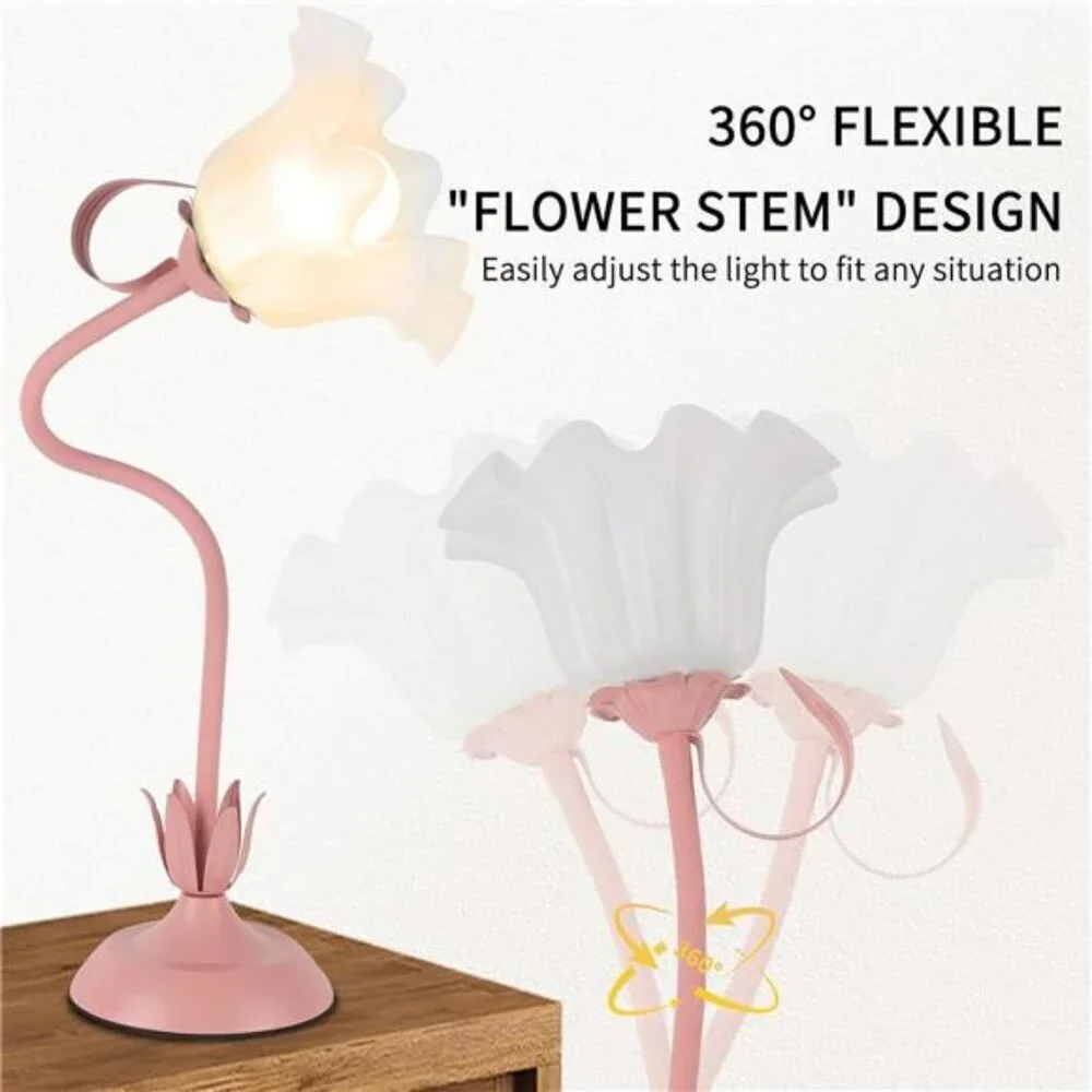 Pink Flower Desk Lamp LED Vintage Bedside Table Light for Bedroom Reading